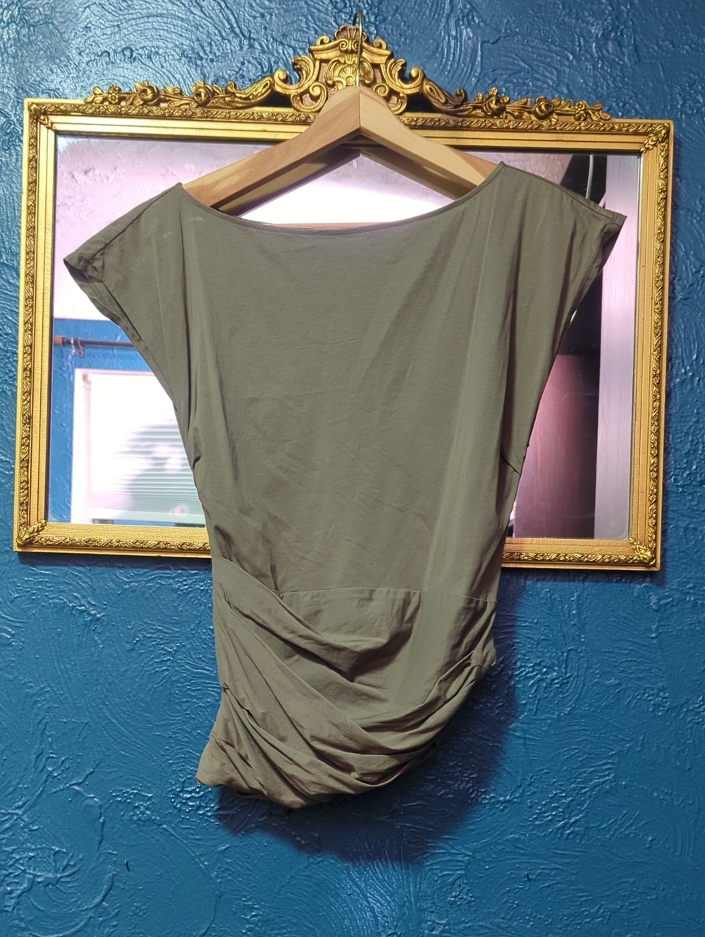 Miss Sixty Asymmetrical Olive Green Draped Short Sleeve Top
